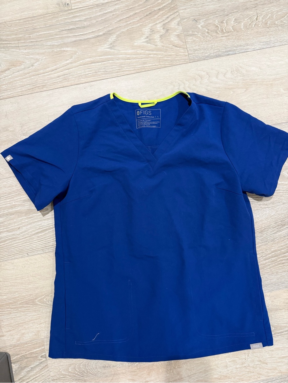 Figs Royal Blue V-Neck Scrub Top with Neon Green Trim